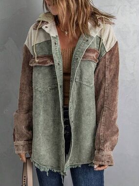 #152- Colorblock Corduroy Hooded Jacket in Olive, Brown & Cream